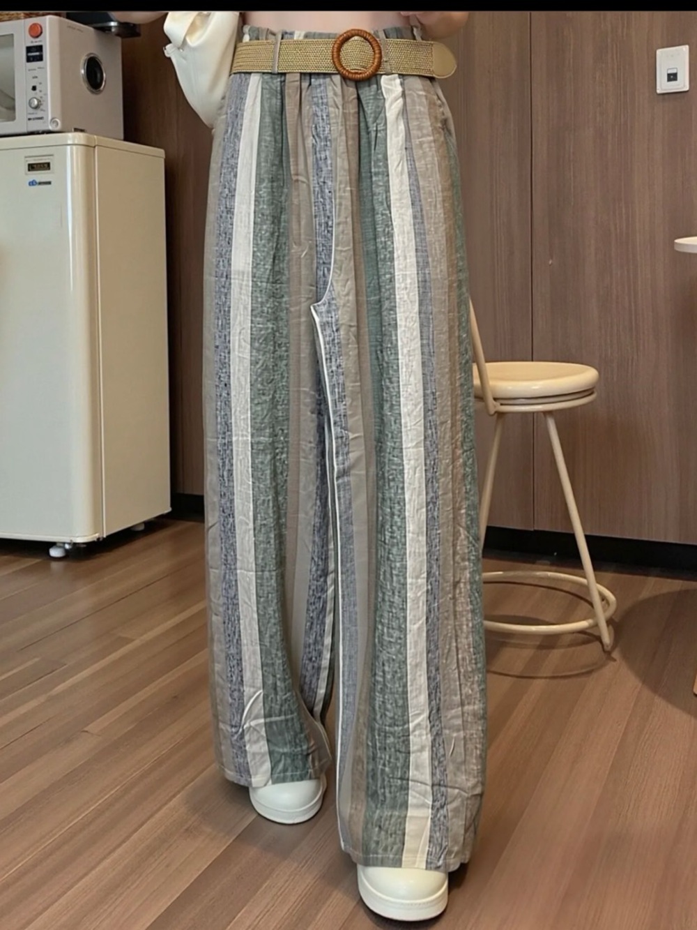MADE IN ITALY Striped Wide-Leg Pants - Green/Gray/White